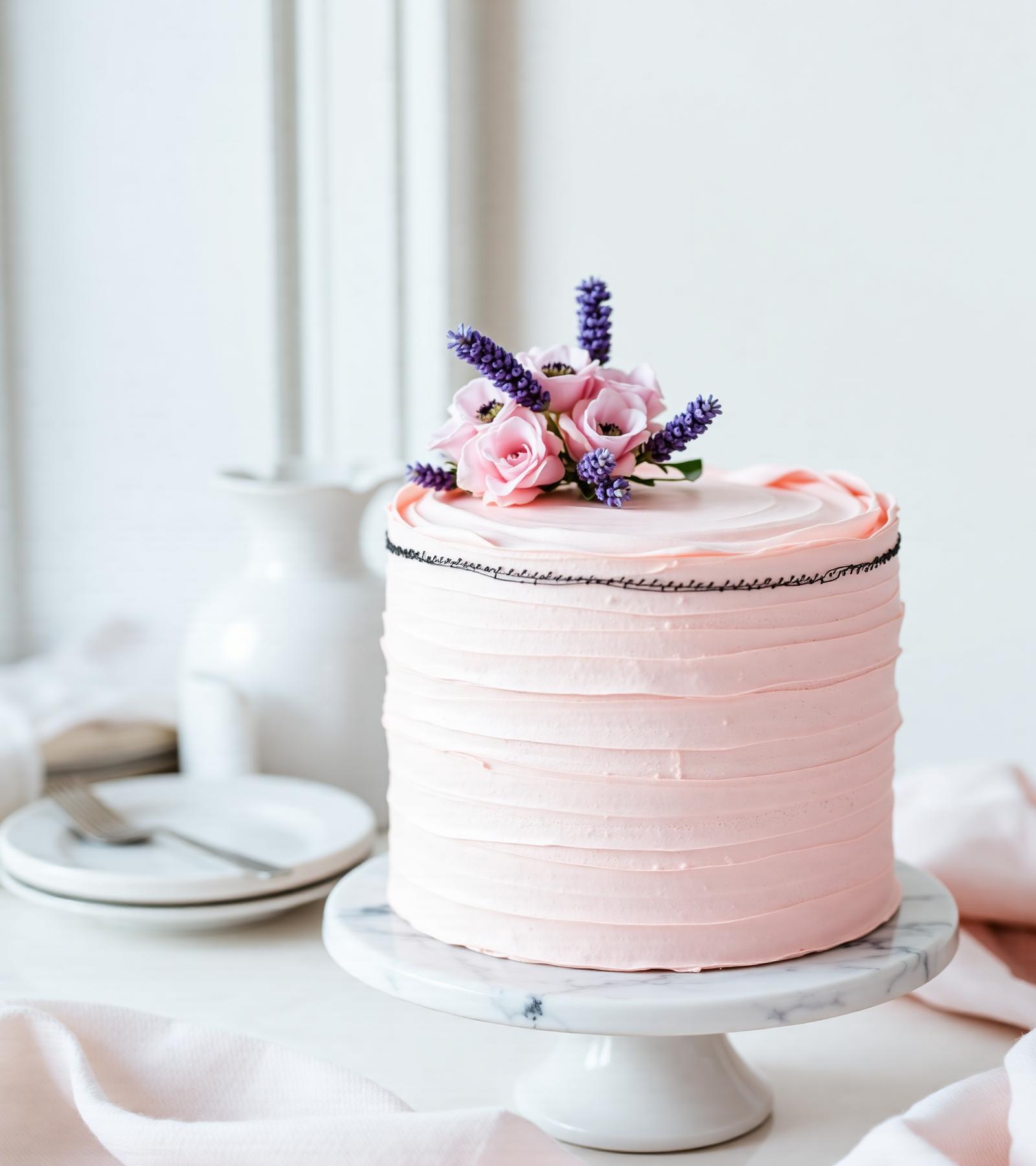 Blush buttercream cake with fresh lavender and rose